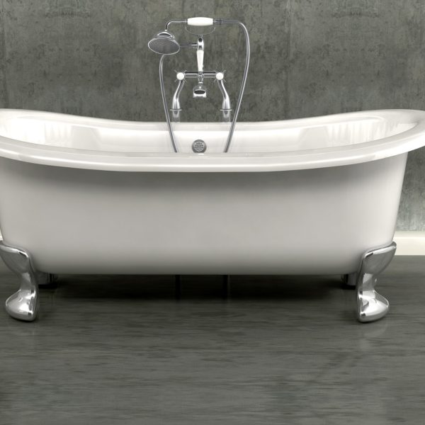 3d render of classic roll top bath and taps with shower attatchment  in contemporary  interior